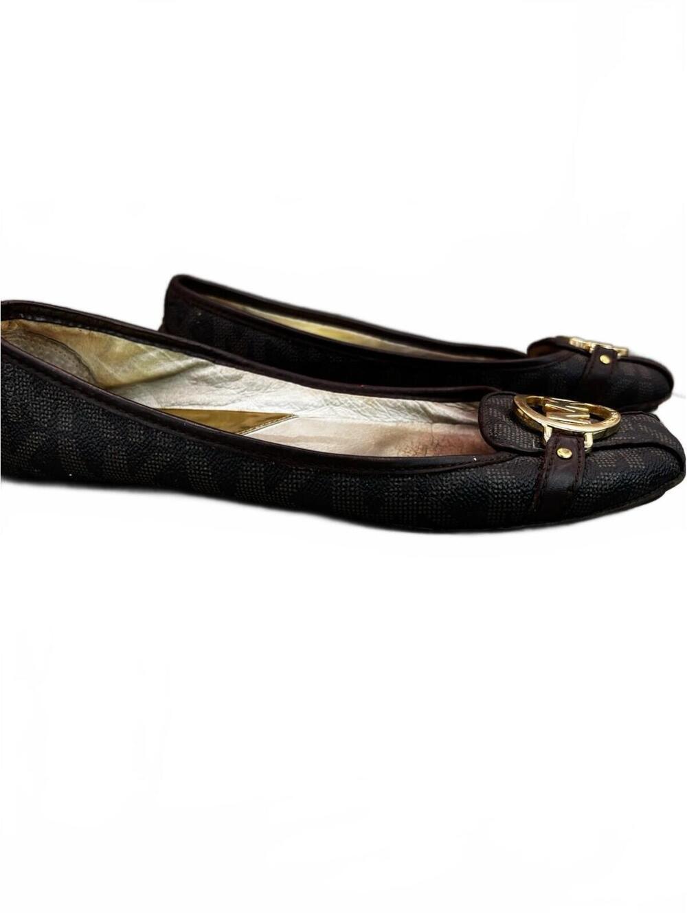 Michael Kors Brown Leather and Fabric MK Logo Flats